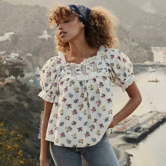 Doen Tops - Doen Frances Top Fleurs De Jonquille White Organic Cotton Lace Trim Medium M NEW